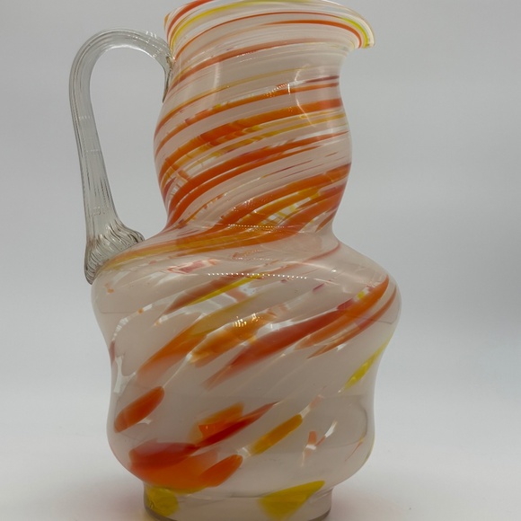 Vintage Italian Blown Glass Pitcher in the Manner of Murano Orange Red Yellow - Picture 2 of 7